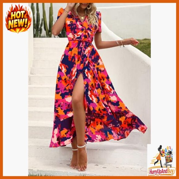 Boho Floral Maxi Dress Wrap V Neck Short Sleeve Summer Beach Wedding Guest - Picture 5 of 7